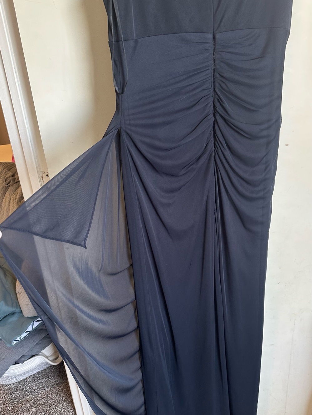 Xscape Navy Rhinestone Beaded and Ruched Formal Evening Gown - Picture 5 of 7